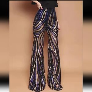Elegant Sequin Flare Pants - Black and Gold